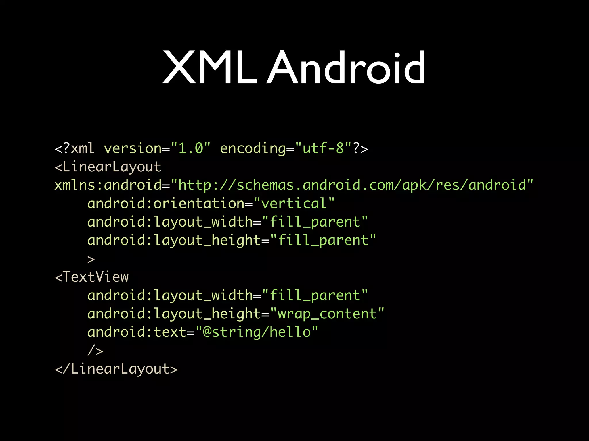 XML Android
<?xml version="1.0" encoding="utf-8"?>
<LinearLayout
xmlns:android="http://schemas.android.com/apk/res/android"
    android:orientation="vertical"
    android:layout_width="fill_parent"
    android:layout_height="fill_parent"
    >
<TextView
    android:layout_width="fill_parent"
    android:layout_height="wrap_content"
    android:text="@string/hello"
    />
</LinearLayout>
 