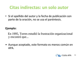 Citas indirectas: un solo autor Si el apellido del autor y la fecha de publicación son parte de la oración, no se usa el paréntesis. Ejemplo: En 1995, Torres estudió la frustración organizacional y encontró que... Aunque aceptado, este formato es menos común en APA. 