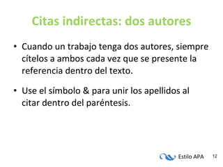 Citas indirectas: dos autores Cuando un trabajo tenga dos autores, siempre cítelos a ambos cada vez que se presente la referencia dentro del texto. Use el símbolo & para unir los apellidos al citar dentro del paréntesis. 