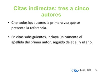 Citas indirectas: tres a cinco autores Cite todos los autores la primera vez que se presente la referencia. En citas subsiguientes, incluya únicamente el apellido del primer autor, seguido de et al. y el año. 