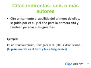 Citas indirectas: seis o más autores Cite únicamente el apellido del primero de ellos, seguido por et al. y el año para la primera cita y también para las subsiguientes. Ejemplo: En un estudio reciente, Rodríguez et al. (2001) identificaron... [la primera cita en el texto y las subsiguientes] 