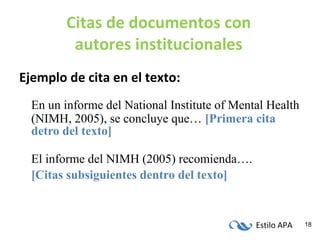 Citas de documentos con autores institucionales Ejemplo de cita en el texto: En un informe del  National Institute of Mental Health (NIMH, 2005), se concluye que…  [Primera cita detro del texto] El informe del NIMH (2005) recomienda…. [Citas subsiguientes dentro del texto] 