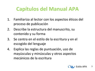 Capítulos del Manual APA Familiariza al lector con los aspectos éticos del proceso de publicación Describe la estructura del manuscrito, su contenido y su forma Se centra en el estilo de la escritura y en el escogido del lenguaje Explica las reglas de puntuación, uso de mayúsculas y minúsculas y otros aspectos mecánicos de la escritura 