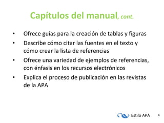 Capítulos del manual , cont. Ofrece guías para la creación de tablas y figuras Describe cómo citar las fuentes en el texto y cómo crear la lista de referencias Ofrece una variedad de ejemplos de referencias, con énfasis en los recursos electrónicos Explica el proceso de publicación en las revistas de la APA 