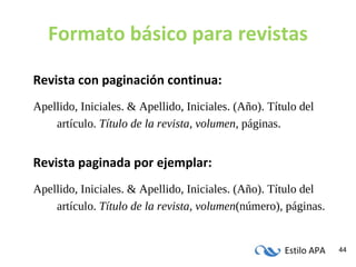 Formato básico para revistas Revista con paginación continua: Apellido, Iniciales. & Apellido, Iniciales. (Año). Título del artículo.  Título de la revista, volumen,  páginas. Revista paginada por ejemplar: Apellido, Iniciales. & Apellido, Iniciales. (Año). Título del artículo.  Título de la revista, volumen (número) ,  páginas. 