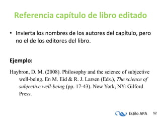 Referencia capítulo de libro editado Invierta los nombres de los autores del capítulo, pero no el de los editores del libro. Ejemplo: Haybron, D. M. (2008). Philosophy and the science of subjective well-being. En M. Eid & R. J. Larsen (Eds.),  The science of subjective well-being  (pp. 17-43). New York, NY: Gilford Press. 