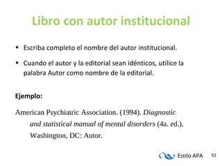 Libro con autor institucional Escriba completo el nombre del autor institucional. Cuando el autor y la editorial sean idénticos, utilice la palabra Autor como nombre de la editorial. Ejemplo: American Psychiatric Association. (1994).  Diagnostic and statistical manual of mental disorders  (4a. ed.). Washington, DC: Autor. 