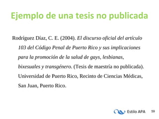 Ejemplo de una tesis no publicada Rodríguez Díaz, C. E. (2004).  El discurso oficial del artículo 103 del Código Penal de Puerto Rico y sus implicaciones para la promoción de la salud de gays, lesbianas, bixesuales y transgénero . (Tesis de maestría no publicada). Universidad de Puerto Rico, Recinto de Ciencias Médicas, San Juan, Puerto Rico. 