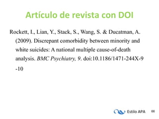 Artículo de revista con DOI Rockett, I., Lian, Y., Stack, S., Wang, S. & Ducatman, A. (2009). Discrepant comorbidity between minority and white suicides: A national multiple cause-of-death analysis.  BMC Psychiatry, 9 . doi:10.1186/1471-244X-9 -10 