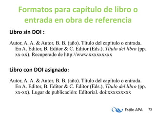 Formatos para capítulo de libro o entrada en obra de referencia Libro sin DOI : Autor, A. A. & Autor, B. B. (año). Título del capítulo o entrada. En A. Editor, B. Editor & C. Editor (Eds.),  Título del libro  (pp. xx-xx). Recuperado de http://www.xxxxxxxxx Libro con DOI asignado: Autor, A. A. & Autor, B. B. (año). Título del capítulo o entrada. En A. Editor, B. Editor & C. Editor (Eds.),  Título del libro  (pp. xx-xx). Lugar de publicación: Editorial. doi:xxxxxxxxx 