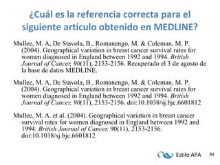 ¿Cuál es la referencia correcta para el siguiente artículo obtenido en MEDLINE? Mullee, M. A, De Stavola, B., Romanengo, M. & Coleman, M. P . (2004). Geographical variation in breast cancer survival rates for women diagnosed in England between 1992 and 1994.  British Journal of Cancer, 90 (11), 2153-2156. Recuperado el 3 de agosto de la base de datos MEDLINE. Mullee, M. A, De Stavola, B., Romanengo, M. & Coleman, M. P . (2004). Geographical variation in breast cancer survival rates for women diagnosed in England between 1992 and 1994.  British Journal of Cancer, 90 (11), 2153-2156. doi:10.1038/sj.bjc.6601812 Mullee, M. A. et al.  (2004). Geographical variation in breast cancer survival rates for women diagnosed in England between 1992 and 1994.  British Journal of Cancer,  90(11), 2153-2156. doi:10.1038/sj.bjc.6601812 
