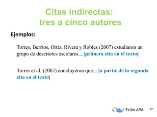 Estilo APA 17
Citas indirectas:
tres a cinco autores
Ejemplos:
Torres, Berríos, Ortiz, Rivera y Robles (2007) estudiaron un
grupo de desertores escolares... [primera cita en el texto]
Torres et al. (2007) concluyeron que... [a partir de la segunda
cita en el texto]
 
