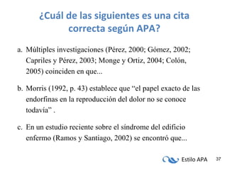 Estilo APA 37
¿Cuál de las siguientes es una cita
correcta según APA?
a. Múltiples investigaciones (Pérez, 2000; Gómez, 2002;
Capriles y Pérez, 2003; Monge y Ortiz, 2004; Colón,
2005) coinciden en que...
b. Morris (1992, p. 43) establece que “el papel exacto de las
endorfinas en la reproducción del dolor no se conoce
todavía” .
c. En un estudio reciente sobre el síndrome del edificio
enfermo (Ramos y Santiago, 2002) se encontró que...
 