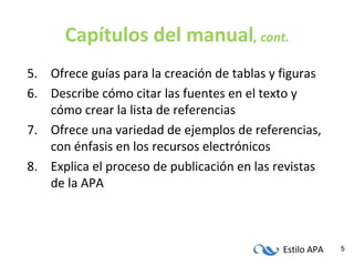 Estilo APA 5
Capítulos del manual, cont.
5. Ofrece guías para la creación de tablas y figuras
6. Describe cómo citar las fuentes en el texto y
cómo crear la lista de referencias
7. Ofrece una variedad de ejemplos de referencias,
con énfasis en los recursos electrónicos
8. Explica el proceso de publicación en las revistas
de la APA
 