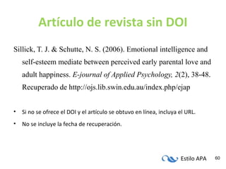 Estilo APA 60
Artículo de revista sin DOI
Sillick, T. J. & Schutte, N. S. (2006). Emotional intelligence and
self-esteem mediate between perceived early parental love and
adult happiness. E-journal of Applied Psychology, 2(2), 38-48.
Recuperado de http://ojs.lib.swin.edu.au/index.php/ejap
• Si no se ofrece el DOI y el artículo se obtuvo en línea, incluya el URL.
• No se incluye la fecha de recuperación.
 