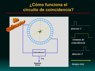 ¿Cómo funciona el
circuito de coincidencia?
detector 1
detector 2
ventana de
coincidencia
tiempo (ns)
 