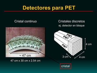 Cristal continuo Cristales discretos
ej. detector en bloque
47 cm x 30 cm x 2.54 cm
~ 47 cm 4 cm
4 cm
3 cm
Detectores para PET
cristal
 