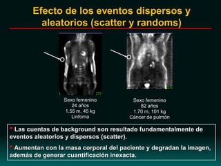 Sexo femenino
82 años
1.70 m, 101 kg
Cáncer de pulmón
Sexo femenino
24 años
1.55 m, 45 kg
Linfoma
• Las cuentas de background son resultado fundamentalmente de
eventos aleatorios y dispersos (scatter).
• Aumentan con la masa corporal del paciente y degradan la imagen,
además de generar cuantificación inexacta.
Efecto de los eventos dispersos y
aleatorios (scatter y randoms)
 