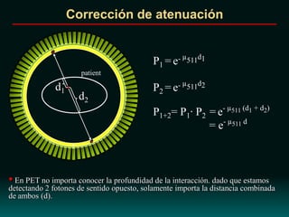 P1+2= P1· P2 = e- µ511 (d1 + d2)
= e- µ511 d
P2 = e- µ511d2
P1 = e- µ511d1
• En PET no importa conocer la profundidad de la interacción. dado que estamos
detectando 2 fotones de sentido opuesto, solamente importa la distancia combinada
de ambos (d).
d1
d2
patient
Corrección de atenuación
 