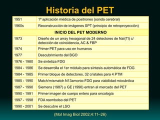 Historia del PET
1951 1ª aplicación médica de positrones (sonda cerebral)
1960s Reconstrucción de imágenes SPT (principio de retroproyección)
INICIO DEL PET MODERNO
1973 Diseño de un array hexagonal de 24 detectores de NaI(Tl) c/
detección de coincidencia, AC & FBP
1974 Primer PET para uso en humanos
1977 Descubrimiento del BGO
1976 - 1980 Se sintetiza FDG
1984 - 1986 Se desarrolla el 1er módulo para síntesis automática de FDG
1984 - 1985 Primer bloque de detectores, 32 cristales para 4 PTM
1985 - 1990 Match/mismatch N13amonio-FDG para viabilidad miocárdica
1987 - 1990 Siemens (1987) y GE (1990) entran al mercado del PET
1990 - 1991 Primer imagen de cuerpo entero para oncología
1997 - 1998 FDA reembolso del PET
1990 - 2001 Se descubre el LSO
(Mol Imag Biol 2002;4:11–26)
 