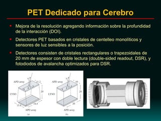  Mejora de la resolución agregando información sobre la profundidad
de la interacción (DOI).
 Detectores PET basados en cristales de centelleo monolíticos y
sensores de luz sensibles a la posición.
 Detectores consisten de cristales rectangulares o trapezoidales de
20 mm de espesor con doble lectura (double-sided readout, DSR), y
fotodiodos de avalancha optimizados para DSR.
PET Dedicado para Cerebro
 