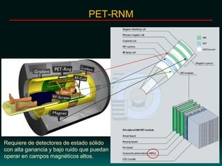 PET-RNM
Requiere de detectores de estado sólido
con alta ganancia y bajo ruido que puedan
operar en campos magnéticos altos.
 