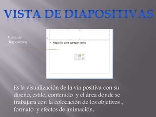 Vista de
diapositiva




   Es la visualización de la vía positiva con su
   diseño, estilo, contenido y el área donde se
   trabajara con la colocación de los objetivos ,
   formato y efectos de animación.
 