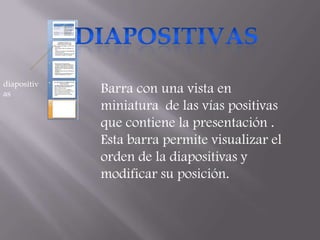 diapositiv
as           Barra con una vista en
             miniatura de las vías positivas
             que contiene la presentación .
             Esta barra permite visualizar el
             orden de la diapositivas y
             modificar su posición.
 