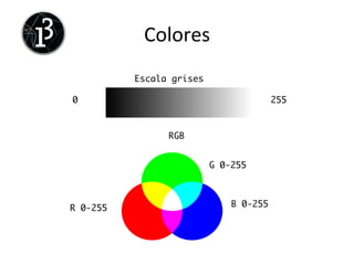 Colores	
  
Escala grises	
	
0	
	
255	
	
RGB	
	
R 0-255	
	
G 0-255	
	
B 0-255	
	
 