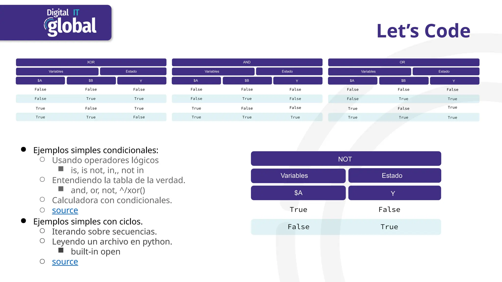 Let’s Code
● Ejemplos simples condicionales:
○ Usando operadores lógicos
■ is, is not, in,, not in
○ Entendiendo la tabla de la verdad.
■ and, or, not, ^/xor()
○ Calculadora con condicionales.
○ source
● Ejemplos simples con ciclos.
○ Iterando sobre secuencias.
○ Leyendo un archivo en python.
■ built-in open
○ source
 
