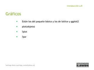 Santiago Mota (santiago_mota@yahoo.es)
Introducción a R
Gráficos
■
Están los del paquete básico y los de lattice y ggplot2
■
plot(objeto)
■
?plot
■
?par
 