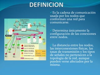 Es la cadena de comunicación usada por los nodos que conforman una red para comunicarse.  Determina únicamente la configuración de las conexiones entre nodos. La distancia entre los nodos, las interconexiones físicas, las tasas de transmisión y los tipos de señales no pertenecen a la topología de la red, aunque pueden verse afectados por la misma. 