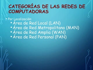 CATEGORÍAS DE LAS REDES DE
COMPUTADORAS
• Por Localización:
•Área de Red Local (LAN)
•Área de Red Metropolitana (MAN)
•Área de Red Amplia (WAN)
•Área de Red Personal (PAN)
 