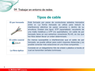 Trabajar en entorno de redes
9
04
Tipos de cable
El par trenzado Está formado por pares de conductores aislados trenzados
entre sí. La forma trenzada se utiliza para reducir la
interferencia eléctrica de pares cercanos o dentro de su
envoltura. Existen dos tipos: STP (apantallado: recubierto de
una malla metálica) y UTP (no apantallado). Un cable de par
trenzado tiene en sus extremos conectores RJ-45, en los que
los hilos deben llevar un orden determinado.
El cable coaxial Es menos susceptible a interferencias que el cable de par
trenzado, se puede utilizar para cubrir mayores distancias y es
posible conectar más estaciones en una línea compartida.
La fibra óptica
Consiste en un delgadísimo hilo de cristal o plástico a través el
cual se transmiten señales luminosas.
 
