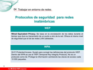 Trabajar en entorno de redes
11
04
Protocolos de seguridad para redes
inalámbricas
WEP
Wired Equivalent Privacy. Se basa en la encriptación de los datos durante el
tiempo que dura su transmisión de un punto a otro de la red. Ofrece el mismo nivel
de seguridad que el de las redes LAN cableadas.
WPA
Wi-Fi Protected Access. Surgió para corregir las deficiencias del protocolo WEP.
Dentro del WPA se usa el TKIP (Temporal Key Integrity Protocol). No es un
protocolo como tal. Protege la información cambiando las claves de acceso cada
10 000 paquetes.
 