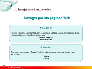 Trabajar en entorno de redes
18
Navegar por las páginas Web
Navegador
Permite visualizar páginas Web, con documentos gráficos, vídeos, animaciones, texto,
hipervínculos, etc. Los más conocidos son:
Internet Explorer
Mozilla Firefox
Buscador
Programa que recopila información de las páginas web y crea una base de datos.
Algunos son:
Google
Yahoo
 