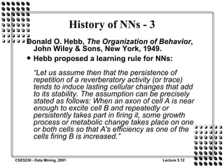 History of NNs - 3 Donald O. Hebb,  The Organization of Behavior , John Wiley & Sons, New York, 1949. Hebb proposed a learning rule for NNs: “Let us assume then that the persistence of repetition of a reverberatory activity (or trace) tends to induce lasting cellular changes that add to its stability. The assumption can be precisely stated as follows: When an axon of cell A is near enough to excite cell B and repeatedly or persistently takes part in firing it, some growth process or metabolic change takes place on one or both cells so that A's efficiency as one of the cells firing B is increased.” 