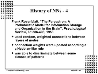 History of NNs - 4 Frank Rosenblatt, “The Perceptron: A Probabilistic Model for Information Storage and Organization in the Brain”,  Psychological Review , 65:386-408, 1958. used random, weighted connections between layers of nodes connection weights were updated according a a Hebbian-like rule was able to discriminate between some classes of patterns 
