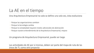 La AE en el tiempo
Una Arquitectura Empresarial no solo se define una sola vez, ésta evoluciona
◦ Porque las organizaciones cambian
◦ Porque la tecnología cambia
◦ Porque la complejidad requiere niveles adicionales de abstracción
◦ Porque nuestro entendimiento de la Arquitectura Empresarial, mejora
Un programa de Arquitectura Empresarial, puede ser largo
Las actividades de AE por sí mismas, deben ser parte del mapa de ruta de las
áreas de TI, como otro proyecto
 