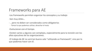Frameworks para AE
-Los frameworks permiten organizar los conceptos y su trabajo
-Son muy útiles…
- ...pero no deben ser considerados como obligatorios
◦ Tomar lo que podemos utilizar, desechar el resto
-Evolucionan con el tiempo.
-Existen varios y algunos son complejos, especialmente para la revisión con los
altos ejecutivos de las organizaciones.
-El trabajo de AE no será tan bueno solo “utilizando un framework”, sino por lo
que podemos hacer con él.
 