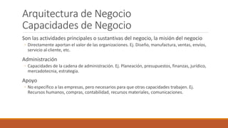 Arquitectura de Negocio
Capacidades de Negocio
Son las actividades principales o sustantivas del negocio, la misión del negocio
◦ Directamente aportan el valor de las organizaciones. Ej. Diseño, manufactura, ventas, envíos,
servicio al cliente, etc.
Administración
◦ Capacidades de la cadena de administración. Ej. Planeación, presupuestos, finanzas, jurídico,
mercadotecnia, estrategia.
Apoyo
◦ No específico a las empresas, pero necesarios para que otras capacidades trabajen. Ej.
Recursos humanos, compras, contabilidad, recursos materiales, comunicaciones.
 