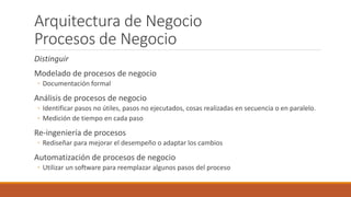 Arquitectura de Negocio
Procesos de Negocio
Distinguir
Modelado de procesos de negocio
◦ Documentación formal
Análisis de procesos de negocio
◦ Identificar pasos no útiles, pasos no ejecutados, cosas realizadas en secuencia o en paralelo.
◦ Medición de tiempo en cada paso
Re-ingeniería de procesos
◦ Rediseñar para mejorar el desempeño o adaptar los cambios
Automatización de procesos de negocio
◦ Utilizar un software para reemplazar algunos pasos del proceso
 