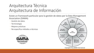 Arquitectura Técnica
Arquitectura de Información
Existe un framework particular para la gestión de datos por la Data Management
Association (DAMA)
◦ Gestión de datos
◦ Terminología
◦ Mejores prácticas
◦ No especifica métodos o técnicas
 