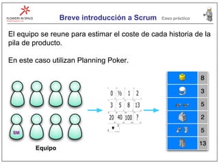 Breve introducción a Scrum Caso práctico El equipo se reune para estimar el coste de cada historia de la pila de producto. En este caso utilizan Planning Poker. Equipo 
