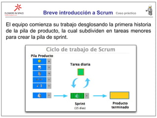 Breve introducción a Scrum Caso práctico El equipo comienza su trabajo desglosando la primera historia de la pila de producto, la cual subdividen en tareas menores para crear la pila de sprint. 