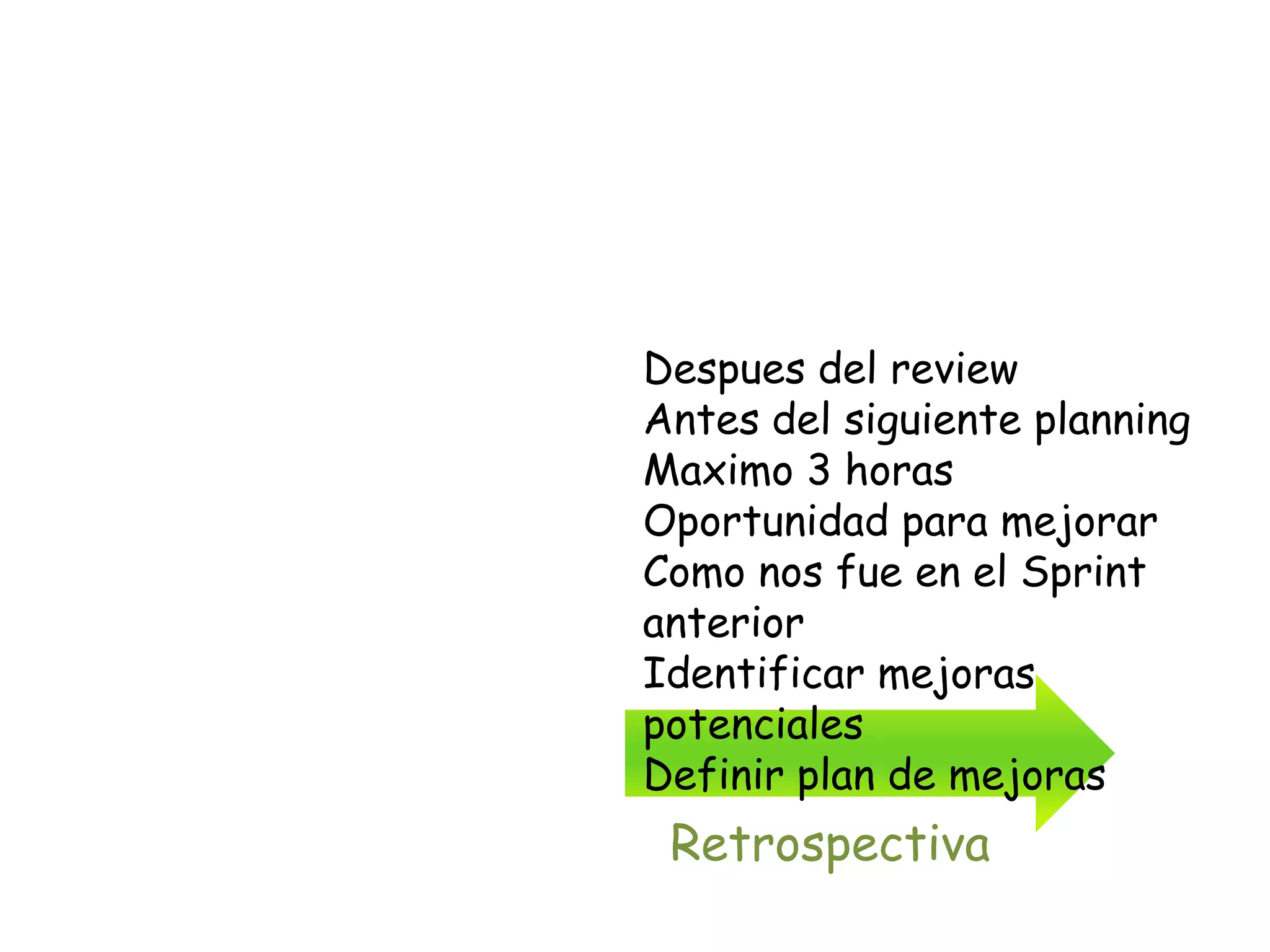 Despues del review
Antes del siguiente planning
Maximo 3 horas
Oportunidad para mejorar
Como nos fue en el Sprint
anterior
Identificar mejoras
potenciales
Definir plan de mejoras
 Retrospectiva
 