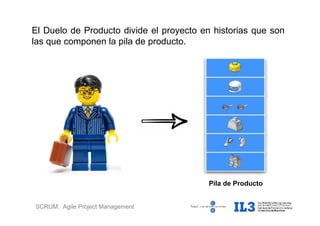 SCRUM: Agile Project Management
El Duelo de Producto divide el proyecto en historias que son
las que componen la pila de producto.
Pila de Producto
 