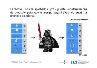 SCRUM: Agile Project Management
El cliente, una vez aprobado el presupuesto, reordena la pila
de producto para que el equipo vaya trabajando según la
prioridad del cliente.
Menos importantes
Urgentes
 