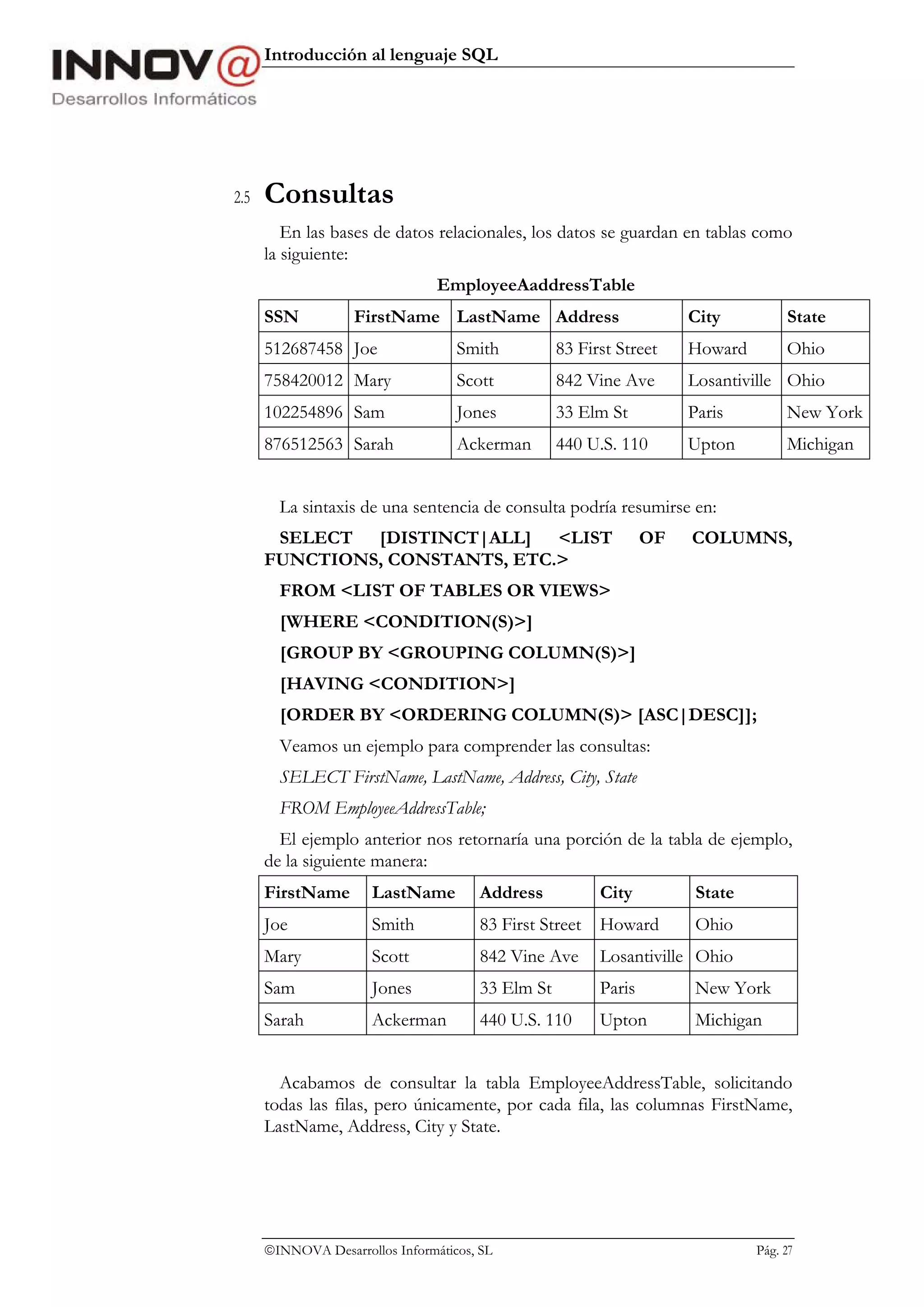 Introducción al lenguaje SQL




2.5   Consultas
         En las bases de datos relacionales, los datos se guardan en tablas como
      la siguiente:
                                 EmployeeAaddressTable
      SSN           FirstName LastName Address                        City          State
      512687458 Joe                 Smith          83 First Street    Howard        Ohio
      758420012 Mary                Scott          842 Vine Ave       Losantiville Ohio
      102254896 Sam                 Jones          33 Elm St          Paris         New York
      876512563 Sarah               Ackerman       440 U.S. 110       Upton         Michigan


        La sintaxis de una sentencia de consulta podría resumirse en:
       SELECT [DISTINCT|ALL] <LIST                               OF   COLUMNS,
      FUNCTIONS, CONSTANTS, ETC.>
        FROM <LIST OF TABLES OR VIEWS>
        [WHERE <CONDITION(S)>]
        [GROUP BY <GROUPING COLUMN(S)>]
        [HAVING <CONDITION>]
        [ORDER BY <ORDERING COLUMN(S)> [ASC|DESC]];
        Veamos un ejemplo para comprender las consultas:
        SELECT FirstName, LastName, Address, City, State
        FROM EmployeeAddressTable;
        El ejemplo anterior nos retornaría una porción de la tabla de ejemplo,
      de la siguiente manera:
      FirstName        LastName        Address           City          State
      Joe             Smith            83 First Street   Howard        Ohio
      Mary            Scott            842 Vine Ave      Losantiville Ohio
      Sam              Jones           33 Elm St         Paris         New York
      Sarah            Ackerman         440 U.S. 110     Upton         Michigan


        Acabamos de consultar la tabla EmployeeAddressTable, solicitando
      todas las filas, pero únicamente, por cada fila, las columnas FirstName,
      LastName, Address, City y State.




      INNOVA Desarrollos Informáticos, SL                                     Pág. 27
 