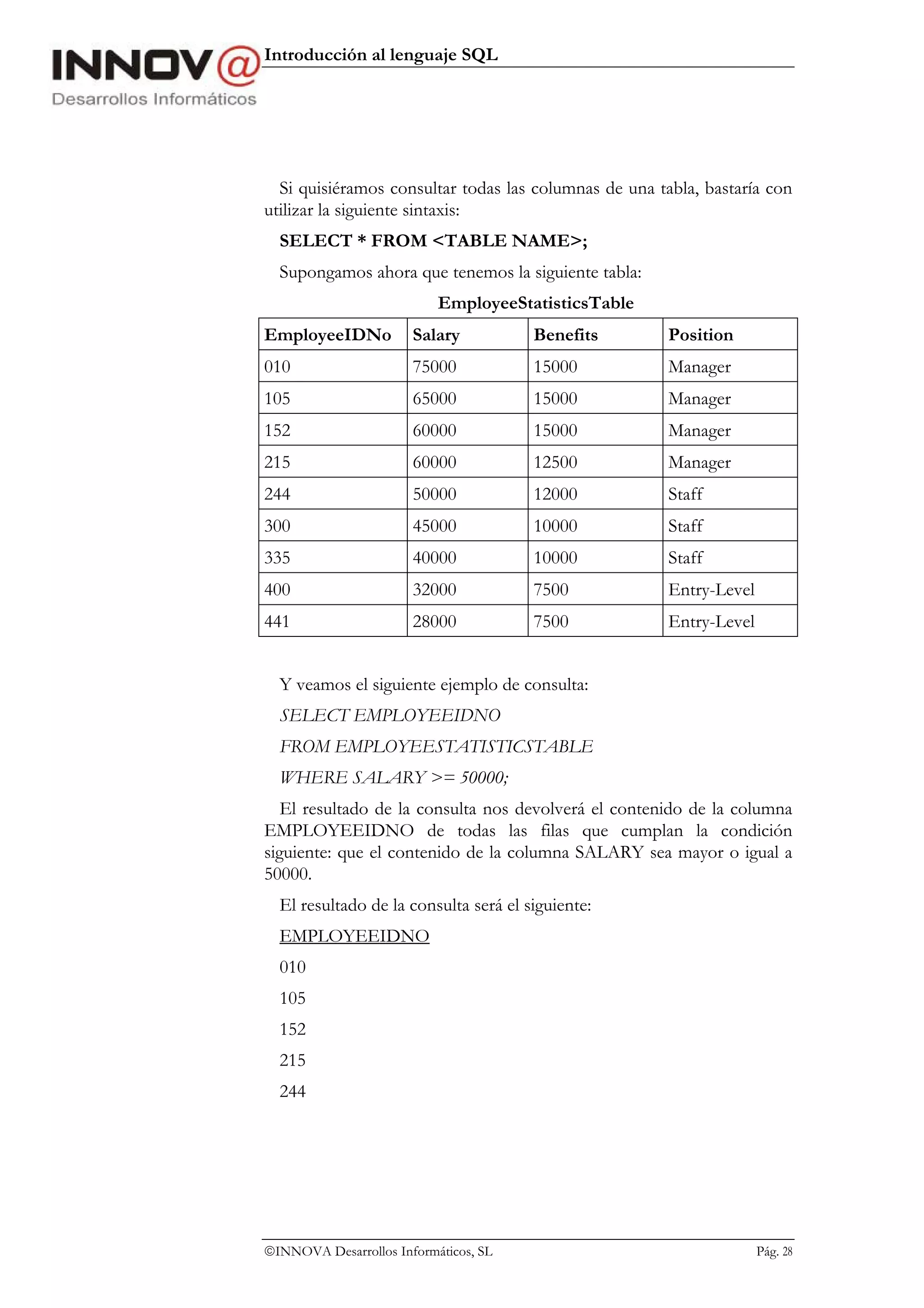 Introducción al lenguaje SQL




  Si quisiéramos consultar todas las columnas de una tabla, bastaría con
utilizar la siguiente sintaxis:
  SELECT * FROM <TABLE NAME>;
  Supongamos ahora que tenemos la siguiente tabla:
                           EmployeeStatisticsTable
EmployeeIDNo           Salary          Benefits        Position
010                    75000           15000           Manager
105                    65000           15000           Manager
152                    60000           15000           Manager
215                    60000           12500           Manager
244                    50000           12000           Staff
300                    45000           10000           Staff
335                    40000           10000           Staff
400                    32000           7500            Entry-Level
441                    28000           7500            Entry-Level


  Y veamos el siguiente ejemplo de consulta:
  SELECT EMPLOYEEIDNO
  FROM EMPLOYEESTATISTICSTABLE
  WHERE SALARY >= 50000;
   El resultado de la consulta nos devolverá el contenido de la columna
EMPLOYEEIDNO de todas las filas que cumplan la condición
siguiente: que el contenido de la columna SALARY sea mayor o igual a
50000.
  El resultado de la consulta será el siguiente:
  EMPLOYEEIDNO
  010
  105
  152
  215
  244




INNOVA Desarrollos Informáticos, SL                                 Pág. 28
 